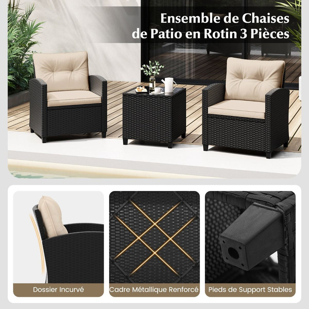 Ensemble de Meubles 3 Pièces de Patio en Rotin Charge 180KG Salon de Jardin 2 Fauteuils Table Basse avec Plateau Noir/Beige/Blanc -