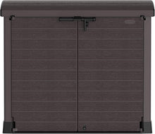 Load image into Gallery viewer, Duramax StoreAway 1200L Plastic Garden Shed/ Flat Lid,Outdoor Storage Shed,Wheelie Bin Hideaways,Wheelie bin box,Durable Construction,Ideal for Bikes,BBQs &amp; 2x 240L Bins,145x85x125 cm,Brown