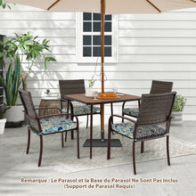 Load image into Gallery viewer, Ensemble de Meubles de Patio 5 Pices Salon de Jardin 4 Fauteuils en Rotin avec Coussins et Table Carre avec Trou pour Parasol -