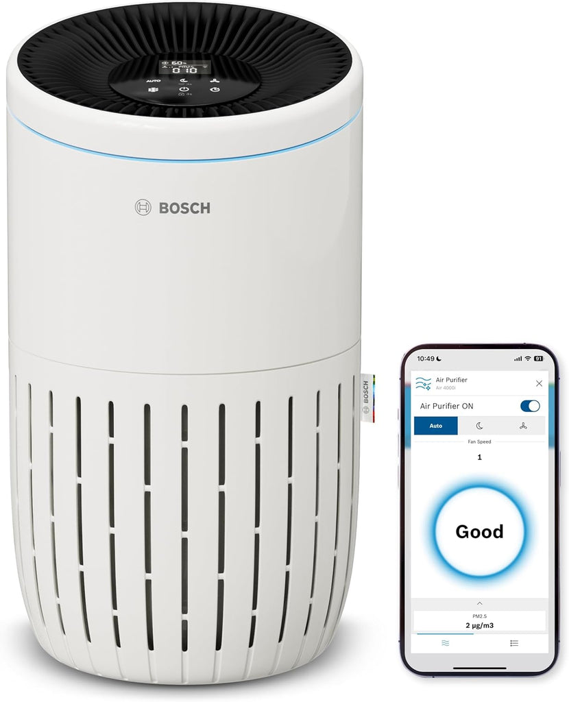 Bosch Air 4000i - Purificateur d'air intelligent - Couvre 62,5 m² - Filtre efficacement plus de 99% des polluants - Mode Auto/Sommeil (< 25 dB(A)) - CADR : 300 m³/h - Connectivité avec écran et app