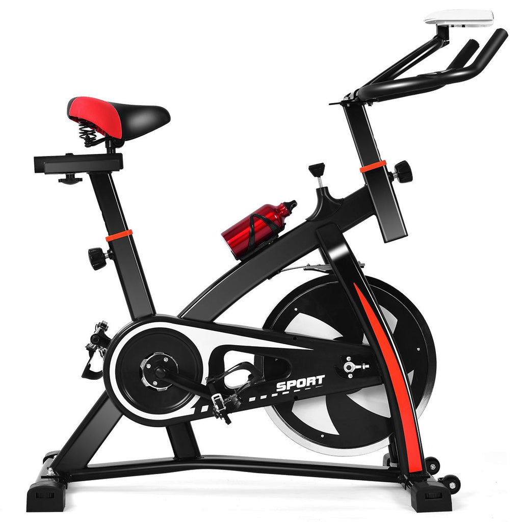 Vélo D’appartement Vélo Silencieux avec Courroie et Roue D’inertie en Fer de 10kg Guidon et Selle Ajustable Noir + Rouge -