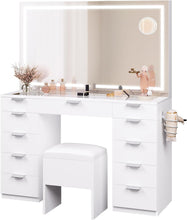 Load image into Gallery viewer, YITAHOME Grande Coiffeuse avec éclairage LED réglable et Prises électriques, Coiffeuse avec Miroir, Toit en Verre Transparent, 11 tiroirs et Tabouret, Blanc