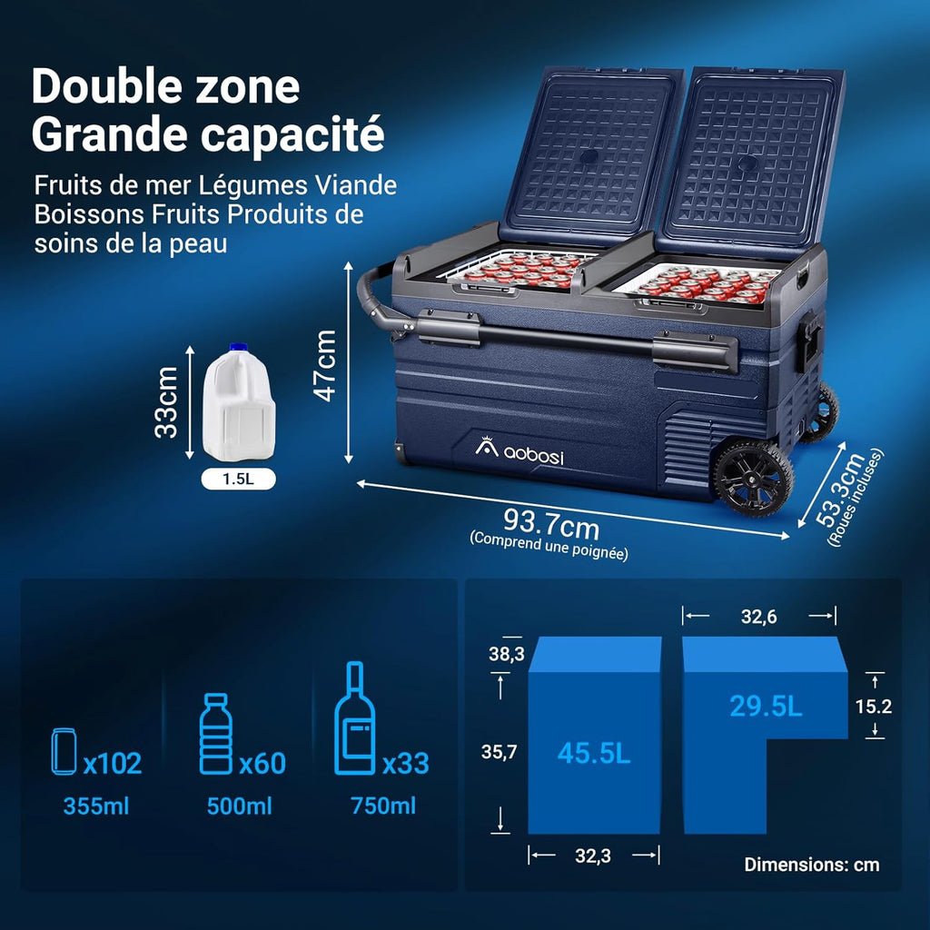115L Glaciere Electrique Double Zone,Glaciere a Compression WiFi APP,12 V/24 V et 100-240 V Frigo Camping,-20 鈩 20 鈩pour Voiture,Camion,Bateau,Camping,Car,Caravanes,Voyageant,Maison