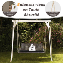 Load image into Gallery viewer, Banc Suspendu de Jardin en Rotin 2 Place Accoudoirs en Bois d'Acacia Cadre en Métal Coussin Cordes Crochets Blanc/Noir -