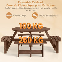 Load image into Gallery viewer, Ensemble Table de Pique-Nique en Bois pour 2  8 Personnes Set Table et Banc Circulaire avec 4 Bancs Intgrs Trou de Parasol de 5cm Marron/Jaune -
