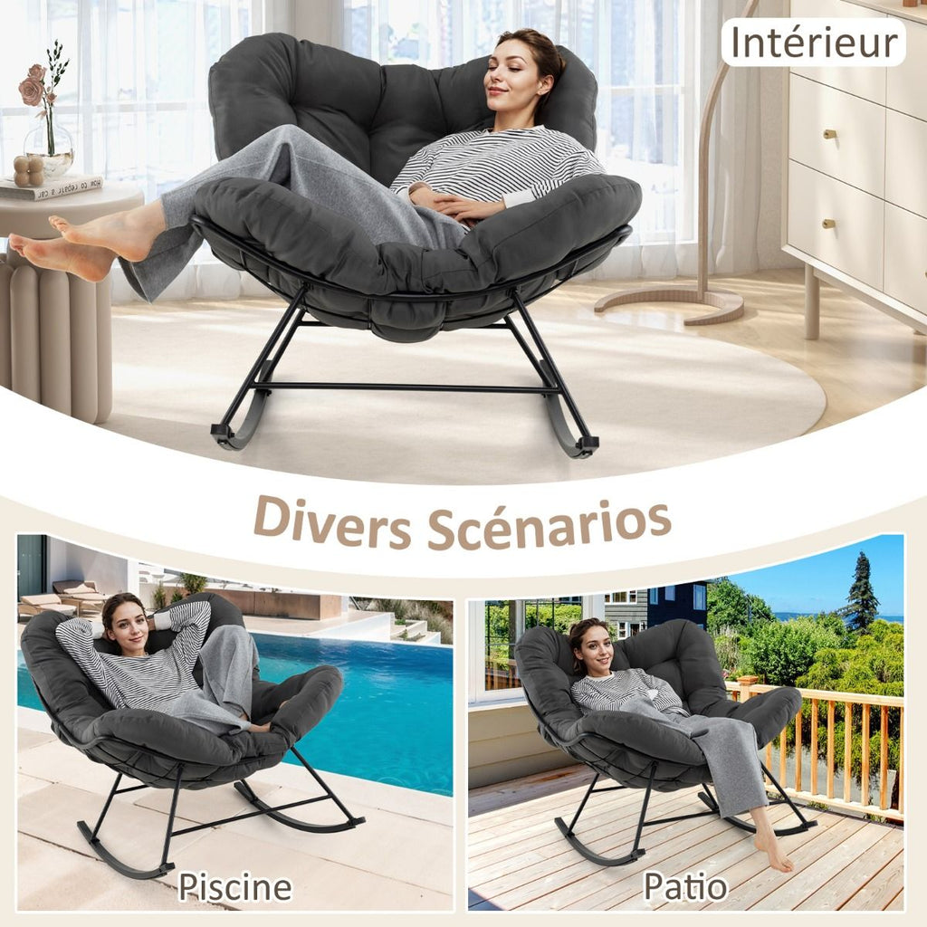 Chaise  Bascule d'Intrieur et d'Extrieur Chaise Papasan Surdimensionne avec Coussin Rembourr & Cadre en Mtal Capacit 205 Kg Gris -