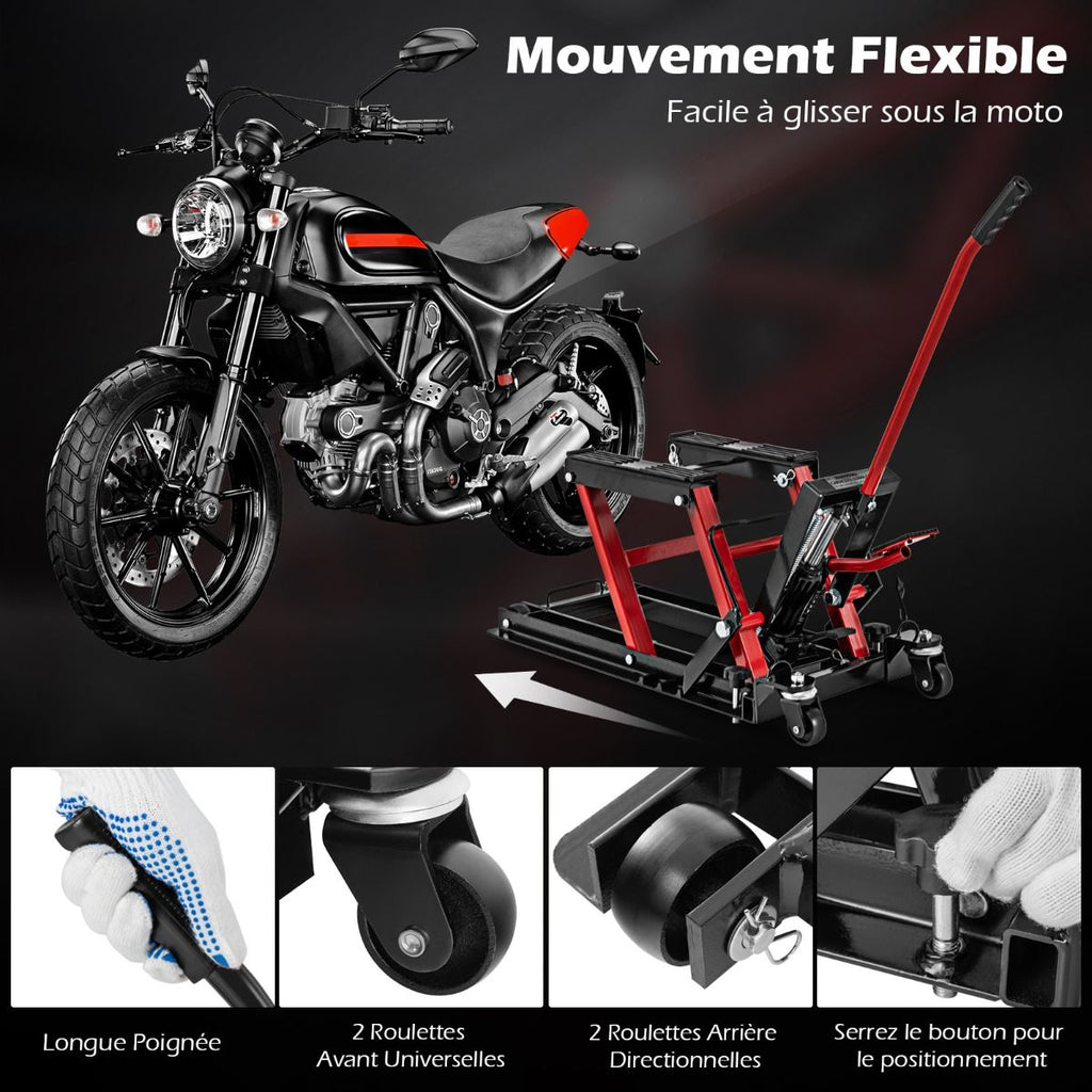 Cric Hydraulique pour Moto Capacité de 680 kg Table Élévatrice Moto Plateforme Réglable en Hauteur sur 3 Niveaux Rouge/Noir -