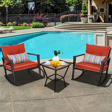 Load image into Gallery viewer, Ensemble de Jardin avec 2 Fauteuils à Bascule et 1 Table Basse en Verre Trempé Tous Coussins Inclus en Rotin PE -