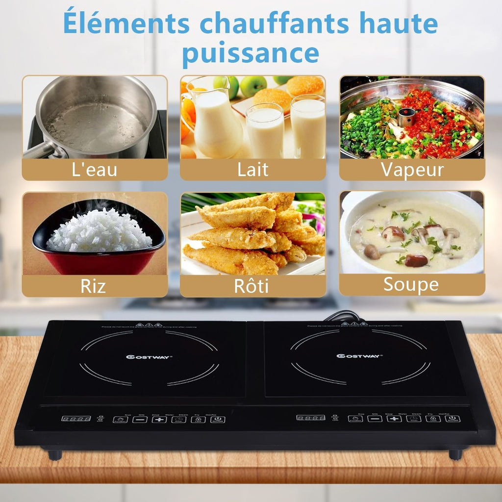 Double Plaque de Cuisson Electrique en Vitrocramique 1800W+1800W 2 Zones 8 Niveaux de Temprature/Puissance Variables Noir -