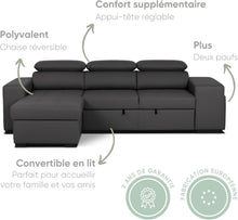 Load image into Gallery viewer, BUDWING John Canapé-Lit d’Angle 4 Places – Chaise Longue Réversible, Têtières Réglables et 2 Poufs – Revêtement en Polyuréthane – Style Moderne – 263x161x96 cm – Noir