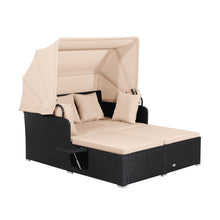 Load image into Gallery viewer, Chaise Longue à 2 Places en Rotin avec Auvent Rétractable Bain de Soleil avec Panneaux Latéraux Pliables Charge 360KG Beige/Gris -