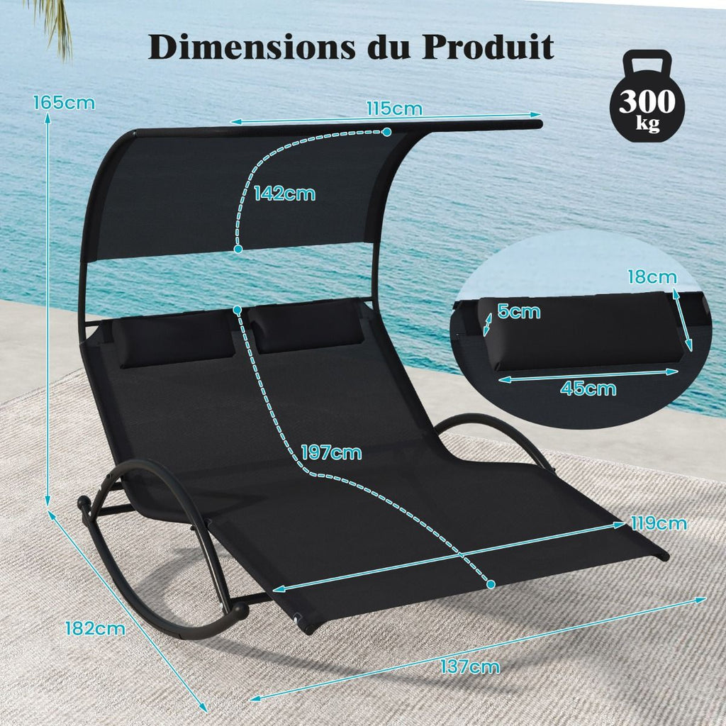 Chaise Longue Double Chaise  Bascule pour 2 Personnes 2 Appui-T锚tes Amovibles Cadre en Mtal Robuste Lit de Repos Ergonomique 2 Places Gris/Noir/Beige -