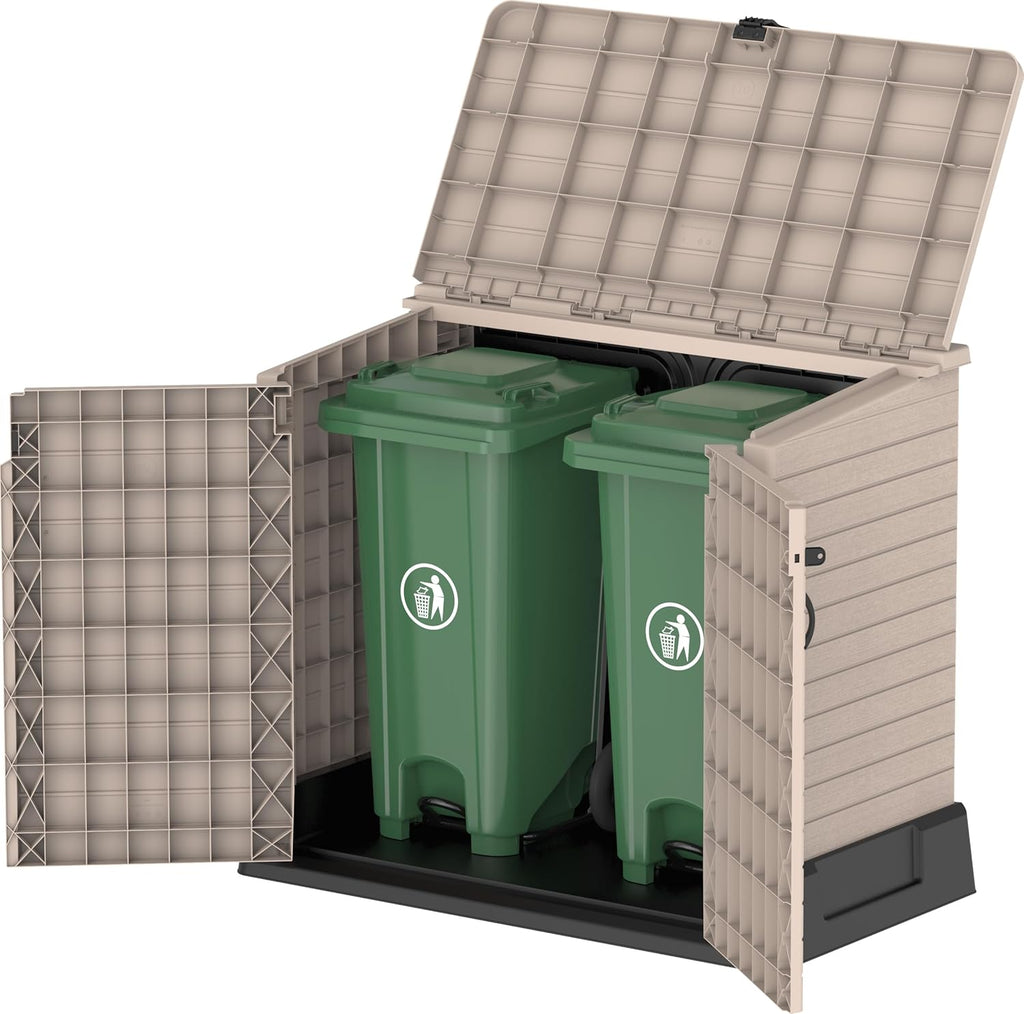Duramax StoreAway 1200L Plastic Garden Shed/ Flat Lid,Outdoor Storage Shed,Wheelie Bin Hideaways,Wheelie bin box,Durable Construction,Ideal for Bikes,BBQs & 2x 240L Bins,145x85x125 cm,Brown