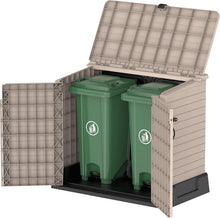 Load image into Gallery viewer, Duramax StoreAway 1200L Plastic Garden Shed/ Flat Lid,Outdoor Storage Shed,Wheelie Bin Hideaways,Wheelie bin box,Durable Construction,Ideal for Bikes,BBQs &amp; 2x 240L Bins,145x85x125 cm,Brown