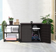 Load image into Gallery viewer, Duramax StoreAway 1200L Plastic Garden Shed/ Flat Lid,Outdoor Storage Shed,Wheelie Bin Hideaways,Wheelie bin box,Durable Construction,Ideal for Bikes,BBQs &amp; 2x 240L Bins,145x85x125 cm,Brown