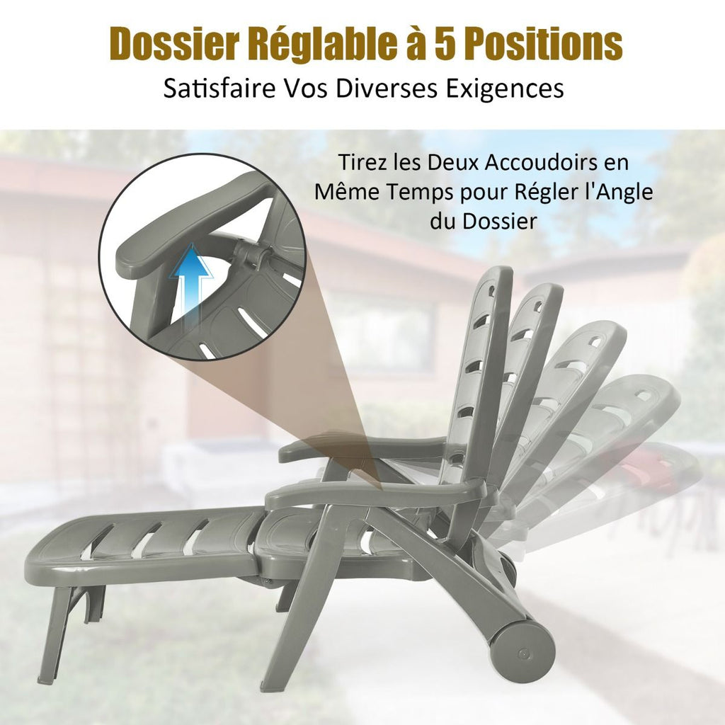 Chaise Longue Pliable Dossier Inclinable  5 Positions avec Roues Intgres pour Terrasse Jardin Piscine 150 kg Gris/Blanc/Bleu -