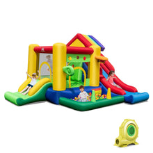 Load image into Gallery viewer, Château Gonflable à Thème Arc-en-ciel 7 en 1 avec Ventilateur Double Toboggans Piscine à Balles Panier de Basket Charge 90kg -