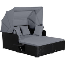 Load image into Gallery viewer, Chaise Longue à 2 Places en Rotin avec Auvent Rétractable Bain de Soleil avec Panneaux Latéraux Pliables Charge 360KG Beige/Gris -