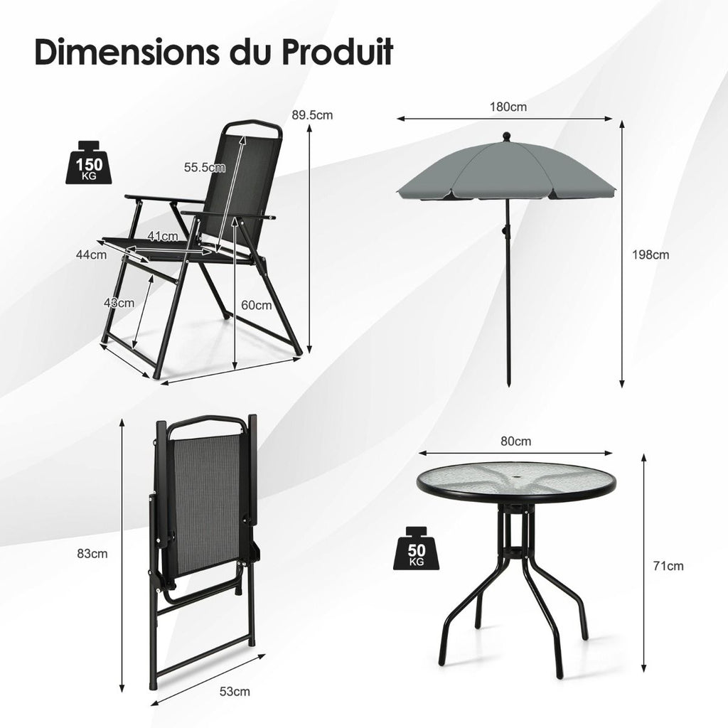 Ensemble Salon de Jardin 6 Pcs 4 Chaises Pliantes Table Basse en Verre et Parasol pour Terrasse Piscine Cour Noir -
