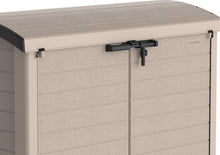 Load image into Gallery viewer, Duramax StoreAway 1200L Plastic Garden Shed/ Flat Lid,Outdoor Storage Shed,Wheelie Bin Hideaways,Wheelie bin box,Durable Construction,Ideal for Bikes,BBQs &amp; 2x 240L Bins,145x85x125 cm,Brown