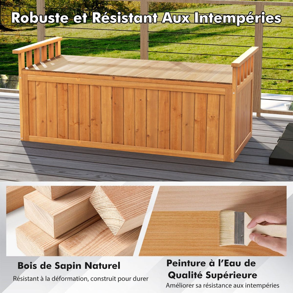 Banc de Rangement en Bois Banc d'Extrieur  2 Places de 209 L avec Accoudoirs Coffre de Stockage en Bois Charge 100KG Naturel -