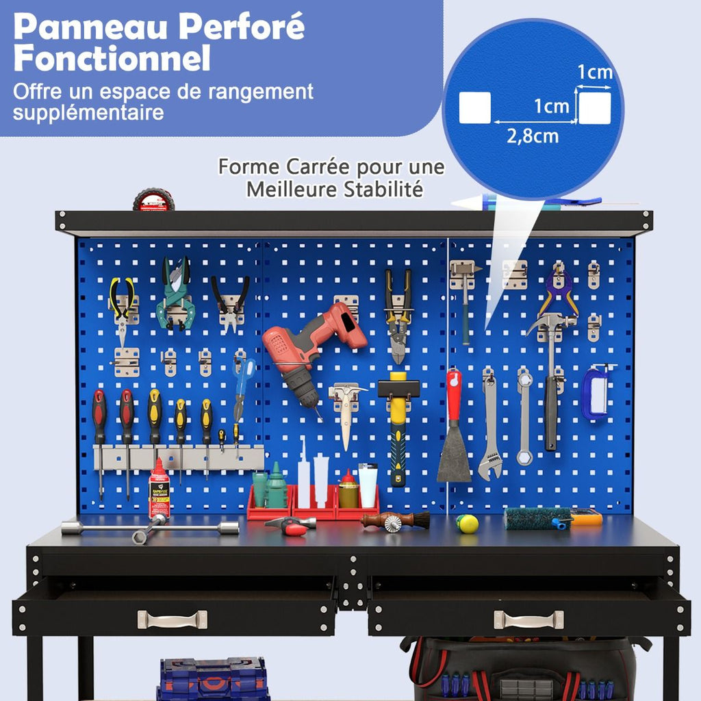 tabli de Bricolage 121 x 61 cm Table de Travail en Mtal de 230 kg avec 3 Panneaux Perfors 24 Accessoires de Suspension Noir/Bleu Marine -
