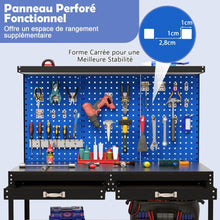Load image into Gallery viewer, tabli de Bricolage 121 x 61 cm Table de Travail en Mtal de 230 kg avec 3 Panneaux Perfors 24 Accessoires de Suspension Noir/Bleu Marine -