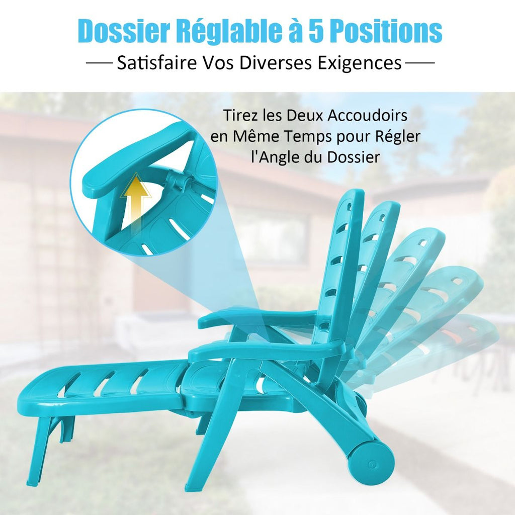 Chaise Longue Pliable Dossier Inclinable  5 Positions avec Roues Intgres pour Terrasse Jardin Piscine 150 kg Gris/Blanc/Bleu -