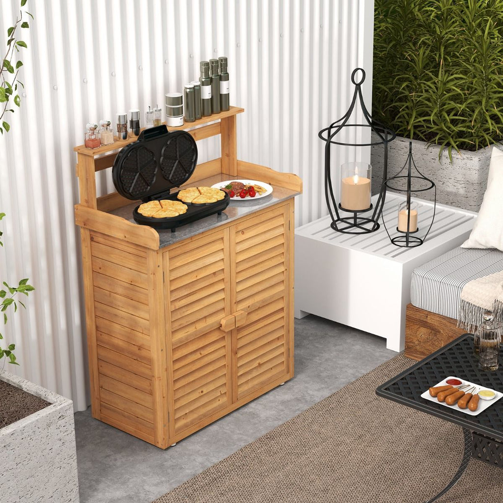 Banc d'Empotage d'Extérieur Table de Jardinage avec Comptoir en Métal Galvanisé 3 Crochets de Suspension Etagères Amovibles Naturel -