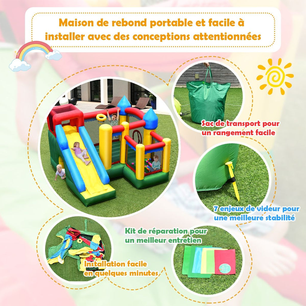 Château Gonflable 4 en 1 pour Enfant 3-10 Ans avec Toboggan Aire de Saut Mur d’Escalade Panier de Basketball -