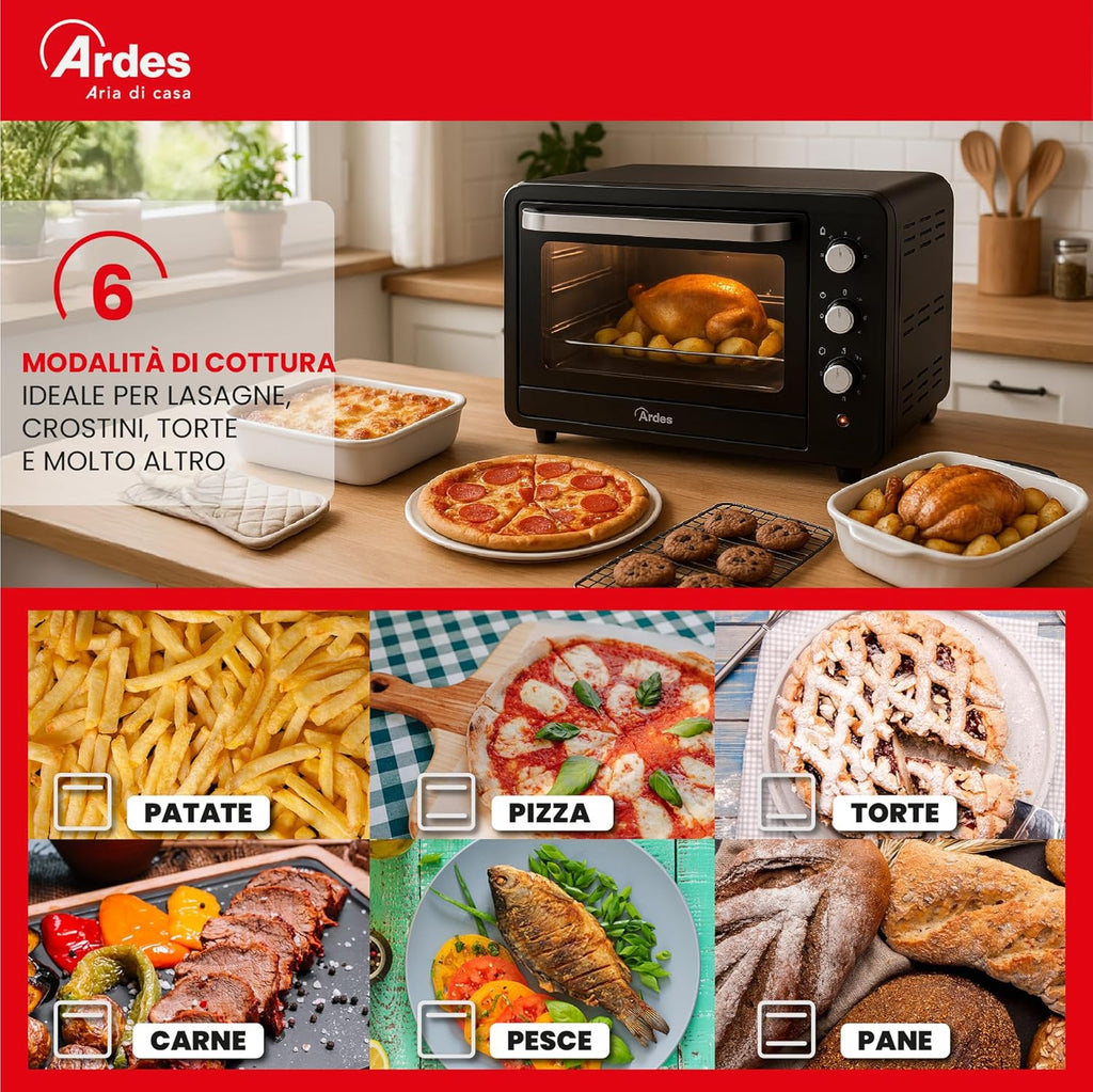 ARDES - AR6264PB Four électrique ventilé Capacité de 64 litres avec lumière interne 6 fonctions de cuisson minuterie double vitrage avec accessoires MAGNUS, Noir