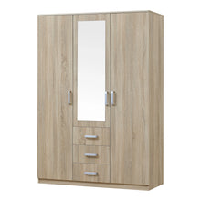Load image into Gallery viewer, Armoire de chambre garde-robe moderne meuble de rangement intemporel 5 étagères 3 tiroirs + miroir MDF 176 x 120 x 52 cm effet chêne sonoma 03_0006369