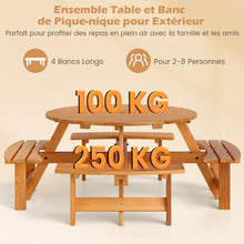 Load image into Gallery viewer, Ensemble Table de Pique-Nique en Bois pour 2  8 Personnes Set Table et Banc Circulaire avec 4 Bancs Intgrs Trou de Parasol de 5cm Marron/Jaune -