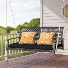 Load image into Gallery viewer, Banc Suspendu de Jardin en Rotin 2 Place Accoudoirs en Bois d'Acacia Cadre en Mtal Coussin Cordes Crochets Blanc/Noir -