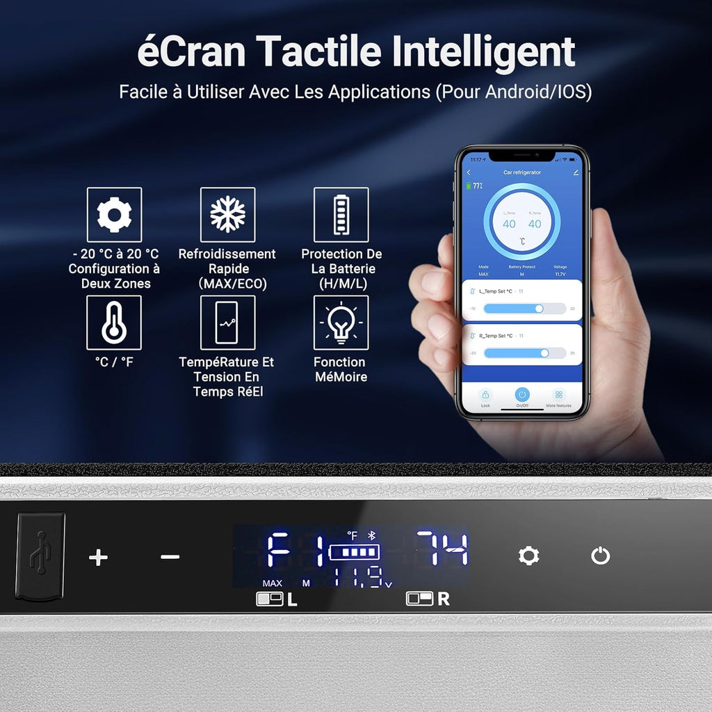 115L Glaciere Electrique Double Zone,Glaciere a Compression WiFi APP,12 V/24 V et 100-240 V Frigo Camping,-20 à 20 pour Voiture,Camion,Bateau,Camping,Car,Caravanes,Voyageant,Maison