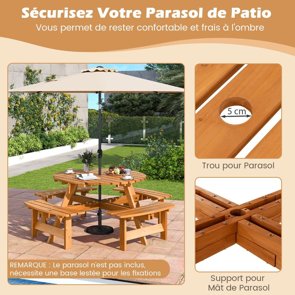 Ensemble Table de Pique-Nique en Bois pour 2 à 8 Personnes Set Table et Banc Circulaire avec 4 Bancs Intégrés Trou de Parasol de 5cm Marron/Jaune -