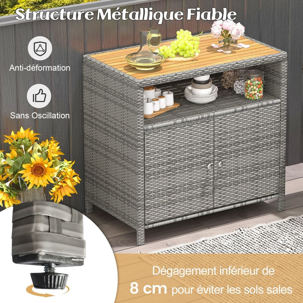 Armoire de Rangement Exterieur en Rotin Armoire de Jardin avec Plateau en Bois d'Acacia Compartiment Ouvert Buffet à 2 Portes -