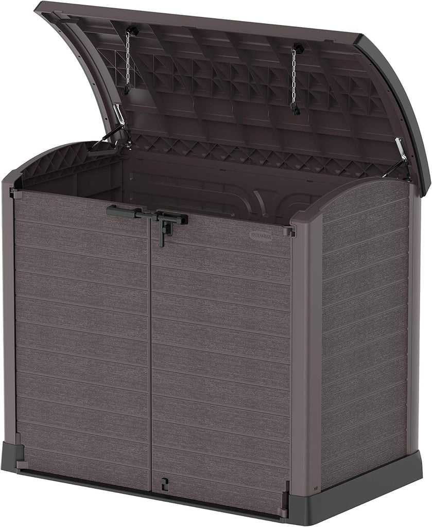 Duramax StoreAway 1200L Plastic Garden Shed/ Flat Lid,Outdoor Storage Shed,Wheelie Bin Hideaways,Wheelie bin box,Durable Construction,Ideal for Bikes,BBQs & 2x 240L Bins,145x85x125 cm,Brown