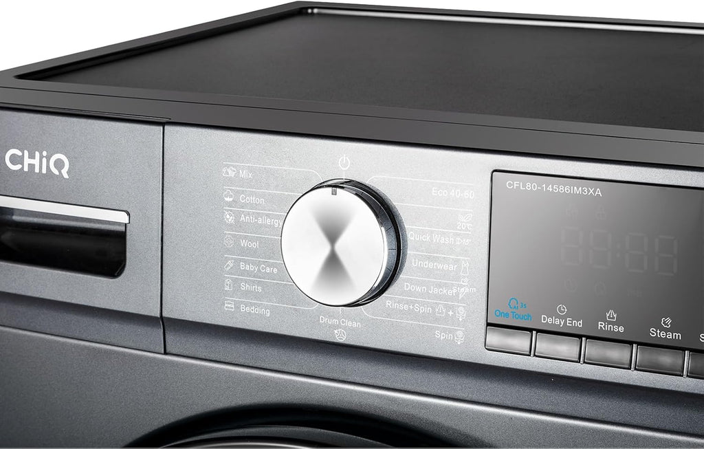 CHiQ Lave-linge CFL80-14586IM3XA, Chargement frontal 8 kg,Space Pro,Moteur Inverter stable, 1400 tr/min, Programme intelligent à IA, Fonction vapeur, Lavage rapide 15 minutes, 15 cycles lavage, Gris