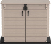 Load image into Gallery viewer, Duramax StoreAway 1200L Plastic Garden Shed/ Flat Lid,Outdoor Storage Shed,Wheelie Bin Hideaways,Wheelie bin box,Durable Construction,Ideal for Bikes,BBQs &amp; 2x 240L Bins,145x85x125 cm,Brown