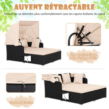 Load image into Gallery viewer, Chaise Longue à 2 Places en Rotin avec Auvent Rétractable Bain de Soleil avec Panneaux Latéraux Pliables Charge 360KG Beige/Gris -