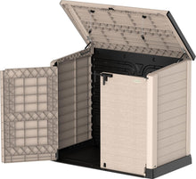 Load image into Gallery viewer, Duramax StoreAway 1200L Plastic Garden Shed/ Flat Lid,Outdoor Storage Shed,Wheelie Bin Hideaways,Wheelie bin box,Durable Construction,Ideal for Bikes,BBQs &amp; 2x 240L Bins,145x85x125 cm,Brown