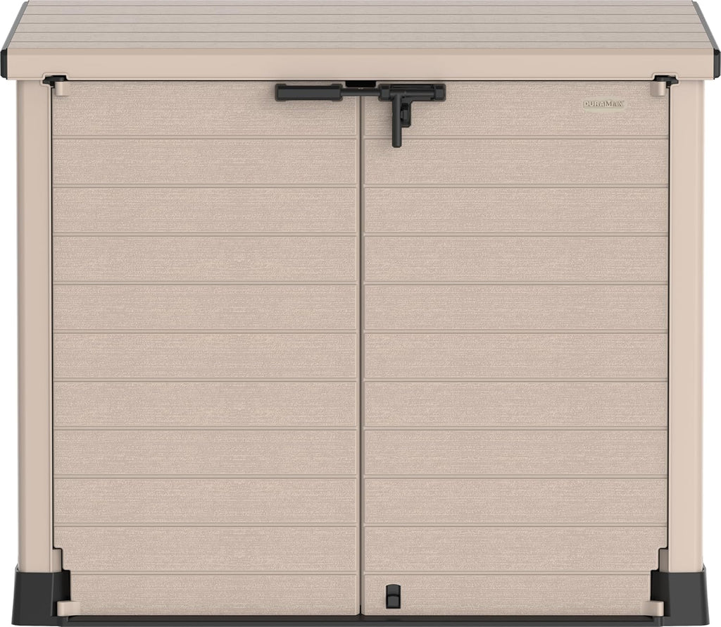 Duramax StoreAway 1200L Plastic Garden Shed/ Flat Lid,Outdoor Storage Shed,Wheelie Bin Hideaways,Wheelie bin box,Durable Construction,Ideal for Bikes,BBQs & 2x 240L Bins,145x85x125 cm,Brown