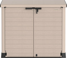 Load image into Gallery viewer, Duramax StoreAway 1200L Plastic Garden Shed/ Flat Lid,Outdoor Storage Shed,Wheelie Bin Hideaways,Wheelie bin box,Durable Construction,Ideal for Bikes,BBQs &amp; 2x 240L Bins,145x85x125 cm,Brown