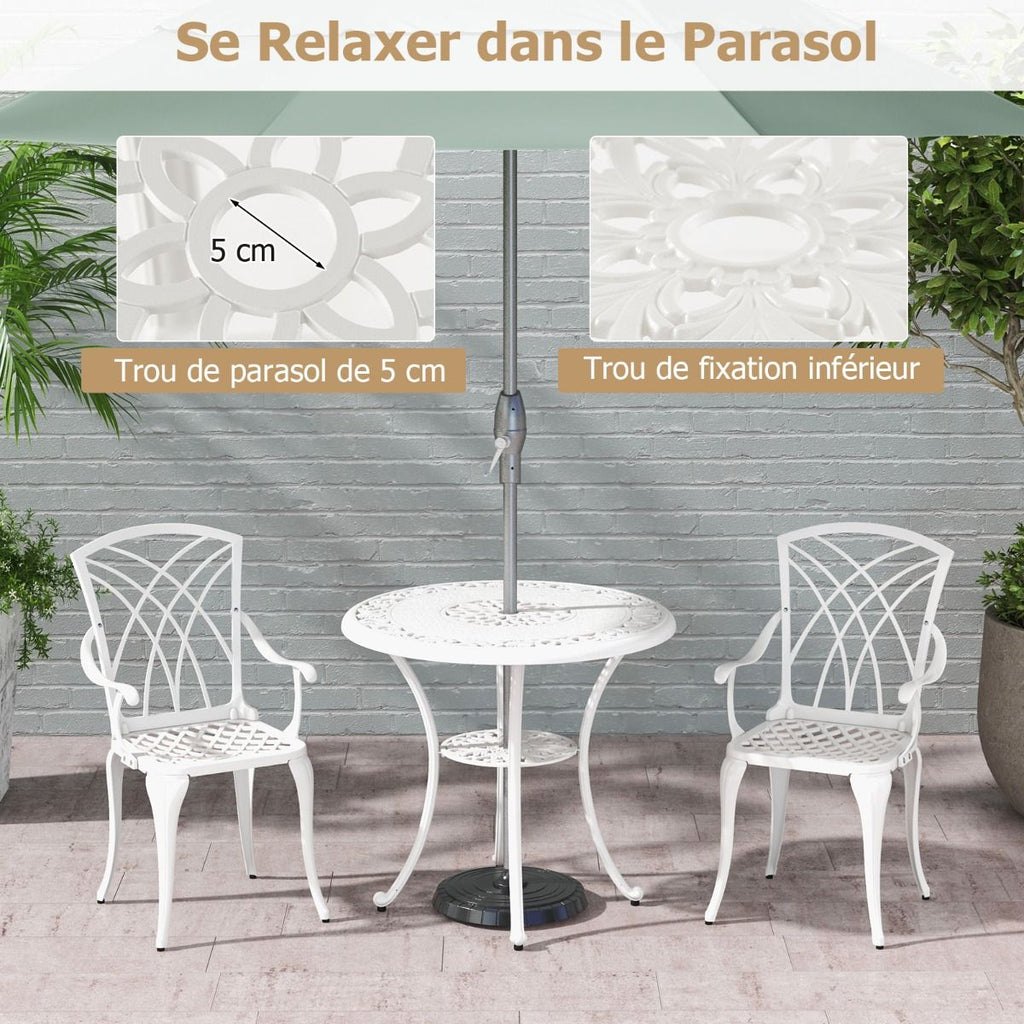 5 Pcs Salon de Jardin en Fonte d'Aluminium Trou pour Parasol Repose-pieds Réglables Ensemble de Table Ronde et 4 Chaises Blanc -