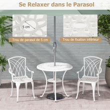 Load image into Gallery viewer, 5 Pcs Salon de Jardin en Fonte d'Aluminium Trou pour Parasol Repose-pieds Réglables Ensemble de Table Ronde et 4 Chaises Blanc -