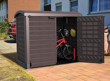 Load image into Gallery viewer, Duramax StoreAway 1200L Plastic Garden Shed/ Flat Lid,Outdoor Storage Shed,Wheelie Bin Hideaways,Wheelie bin box,Durable Construction,Ideal for Bikes,BBQs &amp; 2x 240L Bins,145x85x125 cm,Brown
