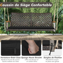 Load image into Gallery viewer, Banc Suspendu de Jardin en Rotin 2 Place Accoudoirs en Bois d'Acacia Cadre en Métal Coussin Cordes Crochets Blanc/Noir -
