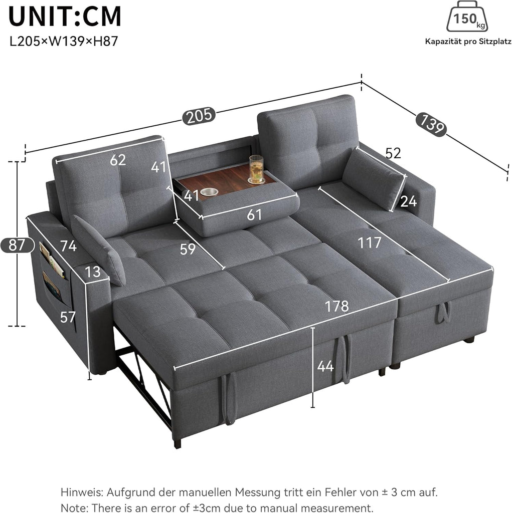 Zubaliya Canapé Convertible en Forme de L,canape lit 2 Places Convertible Gris,canapé 3 Places lit gigogne avec Fonction Couchage,équipé d'un Espace de Rangement
