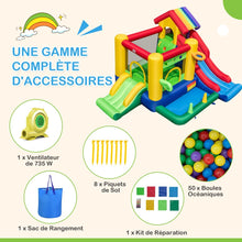 Load image into Gallery viewer, Ch芒teau Gonflable  Thme Arc-en-ciel 7 en 1 avec Ventilateur Double Toboggans Piscine  Balles Panier de Basket Charge 90kg -